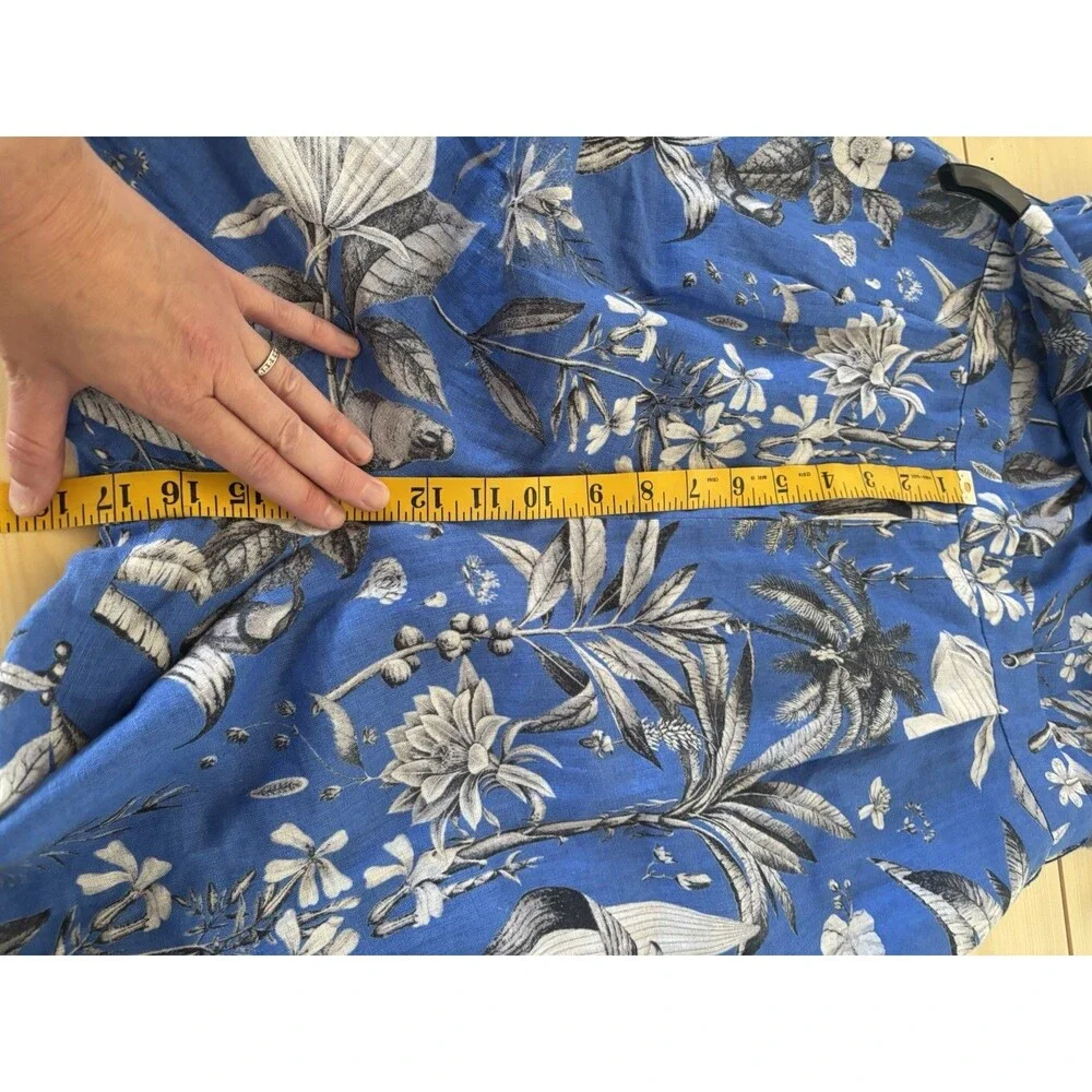 J crew Tropical Blue Linen Romper Cross Back Rainforest Birds 10 100% linen